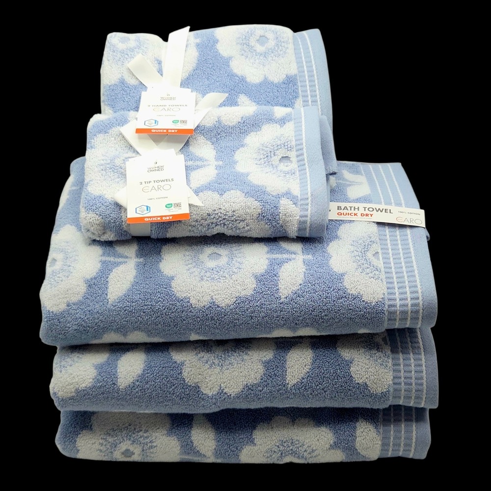 Caro Home 7pc Blue White Daisy Days Soft Cotton Towel Set 3 Bath 2 Hand 2 Tip